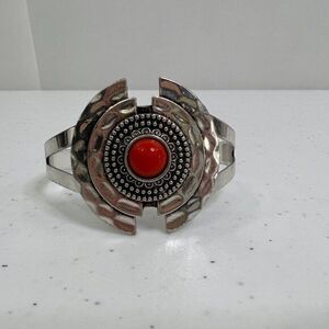 Southwestern Cuff Bracelet Faux Coral‎ Silver Tone Orange Hammered Big Statement